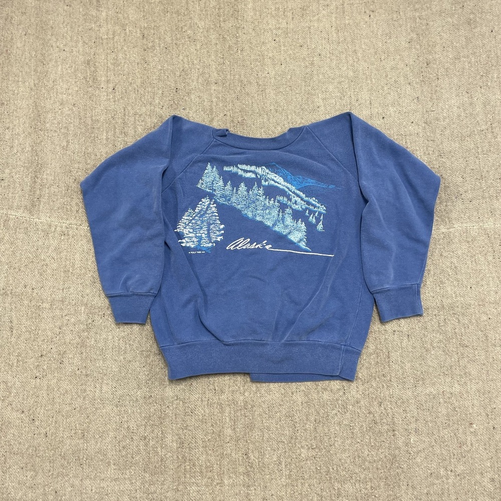 vintage Alaska sweatshirt mens small blue 1980s evergreen trees snow